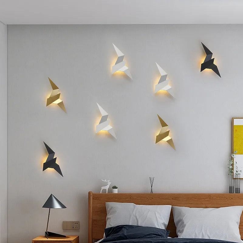 appliques murales oiseau blanc or noir origami contemporain minimaliste led chambre cuisine salle manger