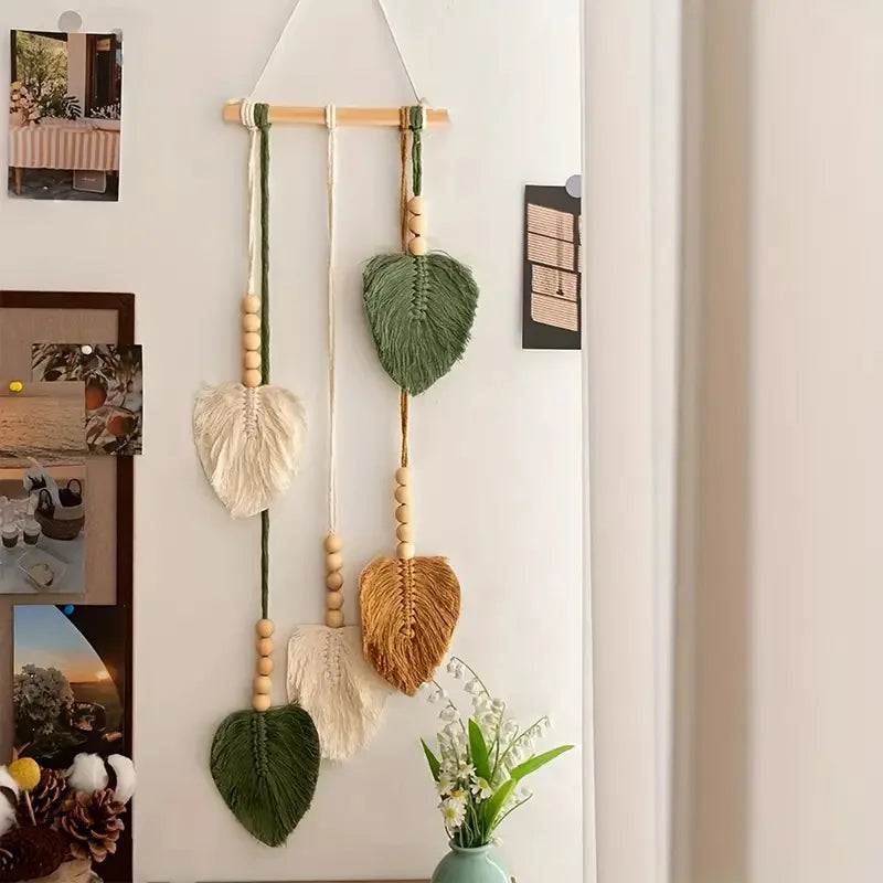 décoration murale boho feuilles vert polyester macramé crochet bois naturel