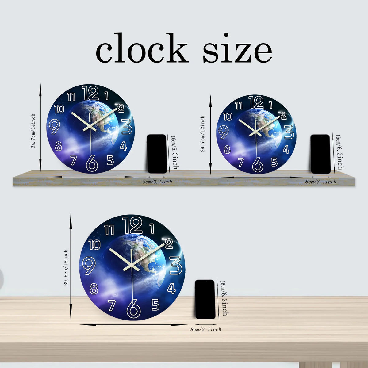 Horloge murale moderne Terre espace chiffres lumineux bois bleu vert noir 12 14 16
