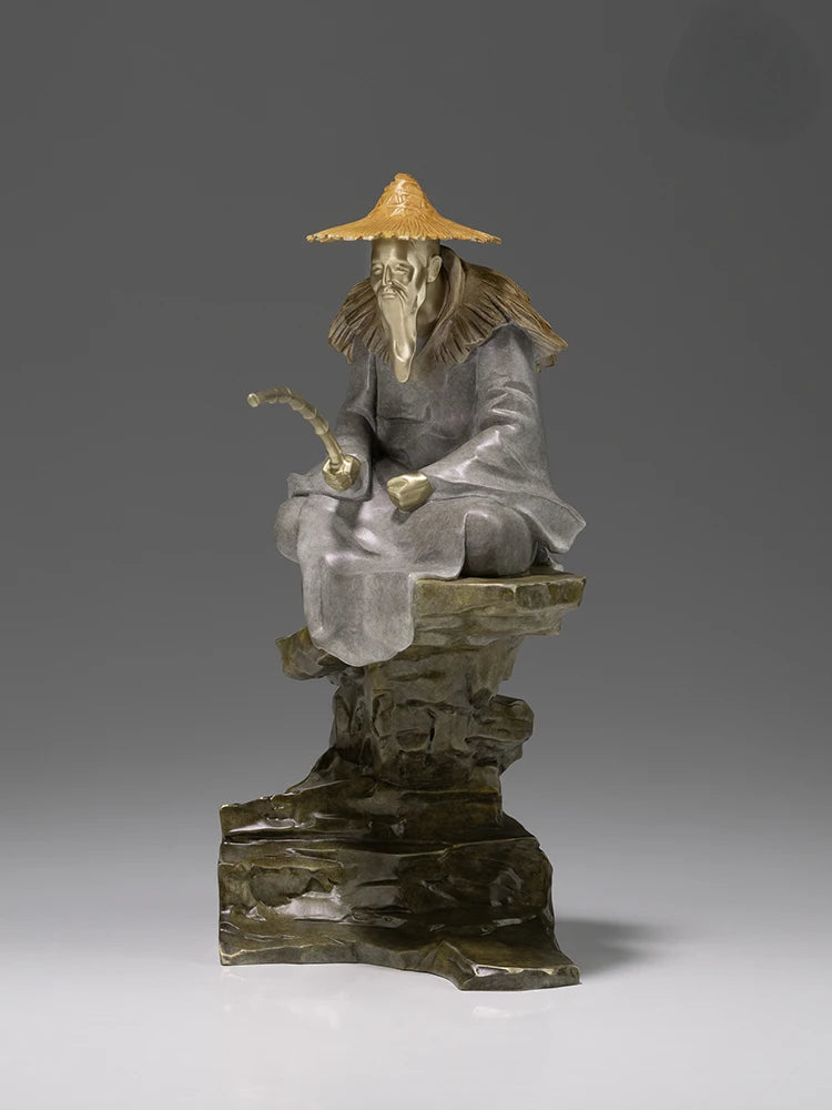 statue chinoise vieil homme canne pêche métal laiton salon chambre traditionnelle asiatique