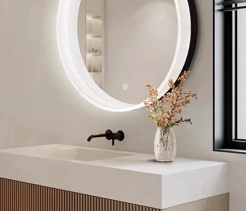 Miroir rond bois massif avec étagère vert