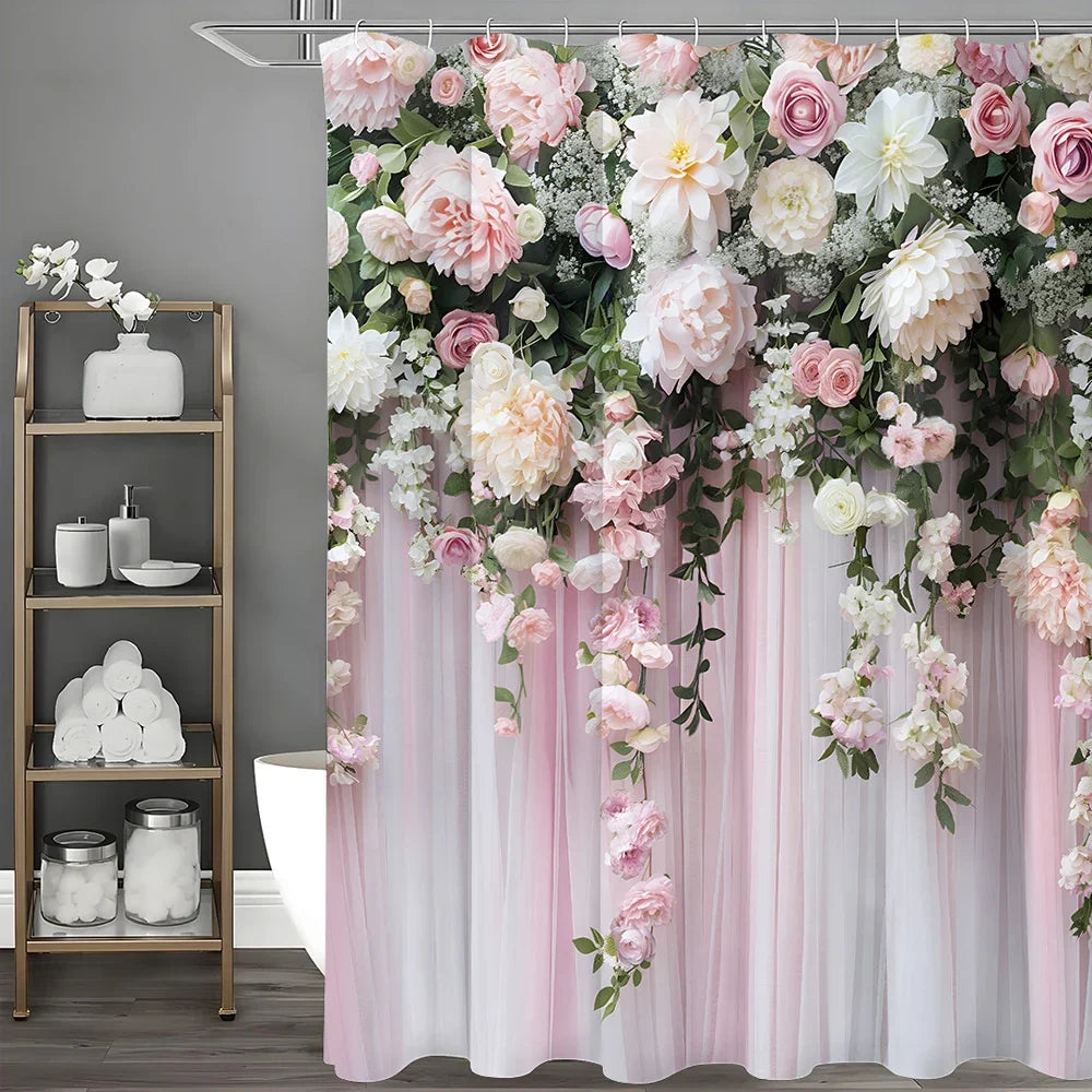 rideau douche floral romantique rose blanc vert plissé opacité variable moderne