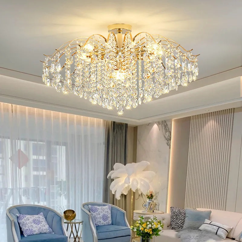 chandelier moderne crystal or led lumiere salle blanche bleue élégante