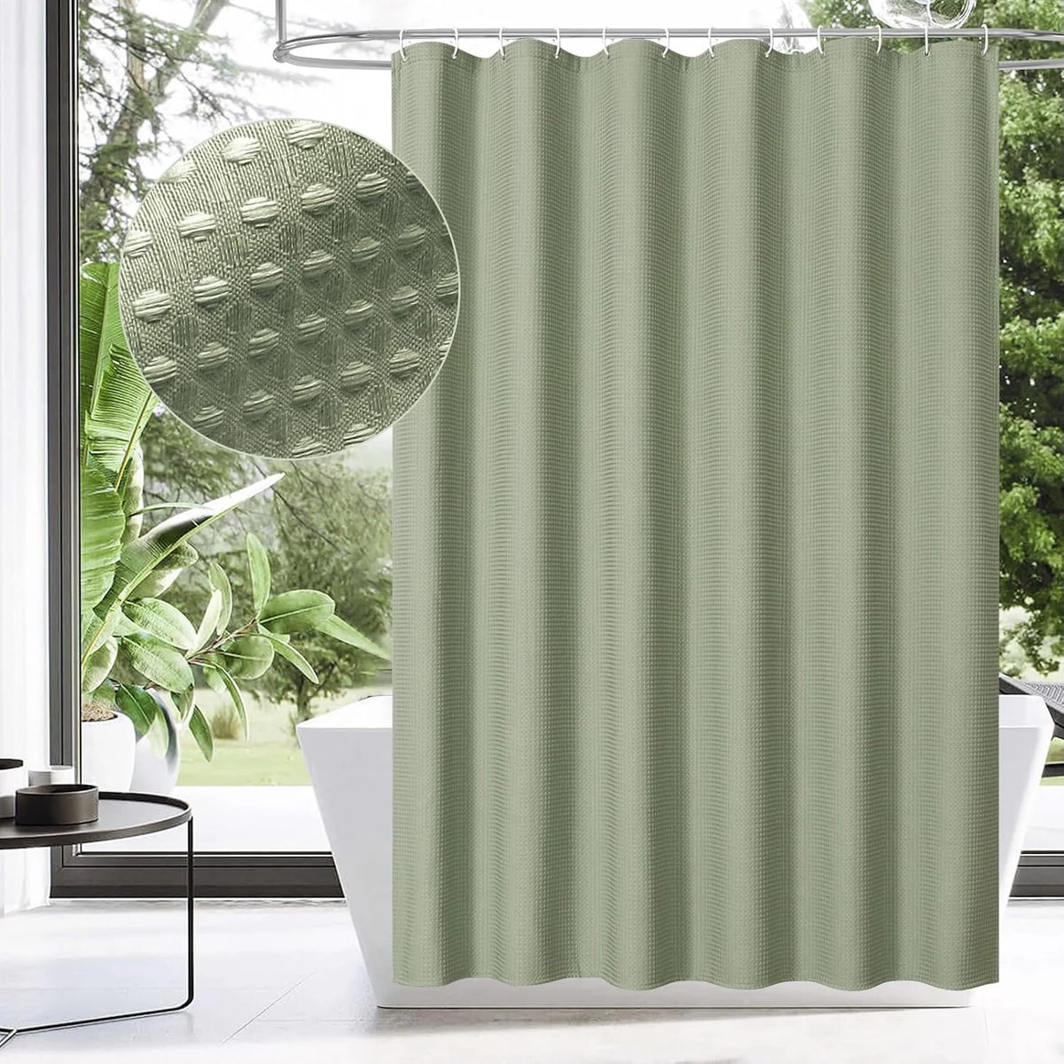 rideau douche moderne vert olive texture points ourlet lesté métalliques durables crochets polyester gaufre