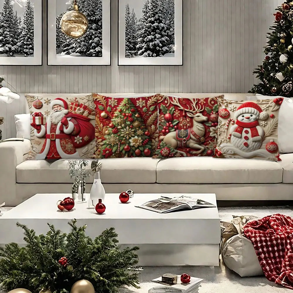 coussins noel père noël renne bonhomme neige imprimés arbre rouge beige vert opaques traditionnels