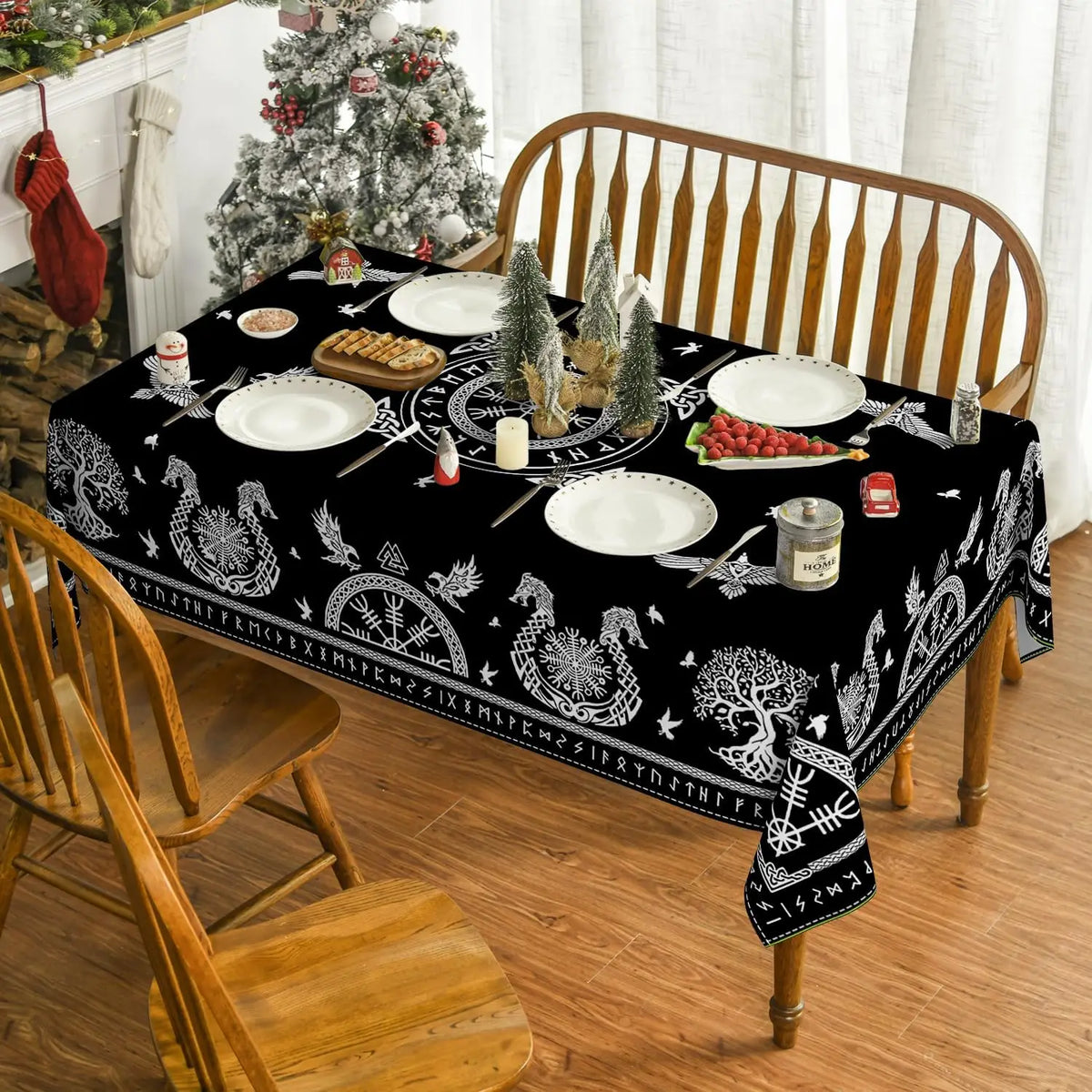 nappe viking arbre vie oiseaux runes beige noire moderne rectangle polyester réutilisable table cuisine