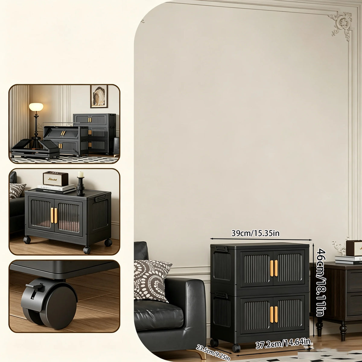 rangement modulaire meuble noir panneaux transparents poignées dorées roulettes facile assembler chambre salon cuisine