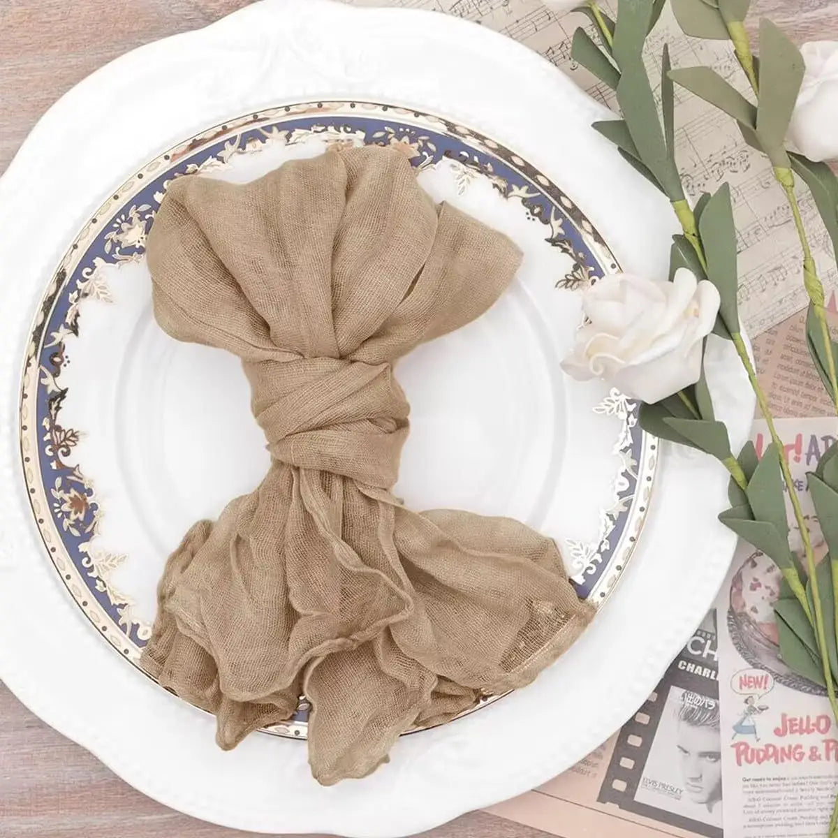 serviettes gaze coton bleu clair rayures fines élégantes mariage table décoration rustic farmhouse