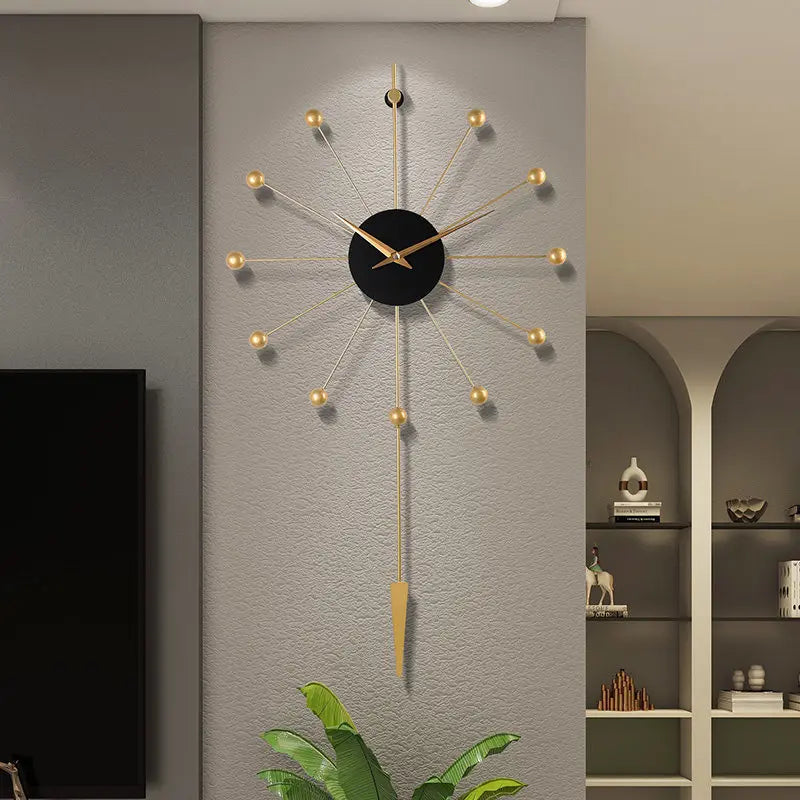 horloge murale moderne or noir structure radiale aiguille métal unique salon