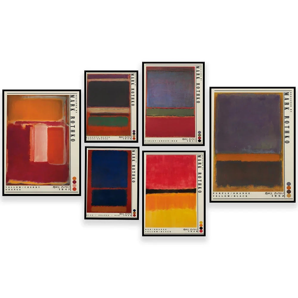 Un ensemble d'œuvres d'art abstraites utilisant des couleurs vives et des formes géométriques, créant une esthétique moderne et minimaliste.