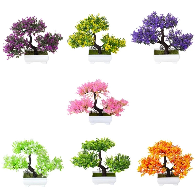 décoration intérieure faux bonsaï artificiel pot blanc feuilles vertes fleurs roses violettes classique chambre
