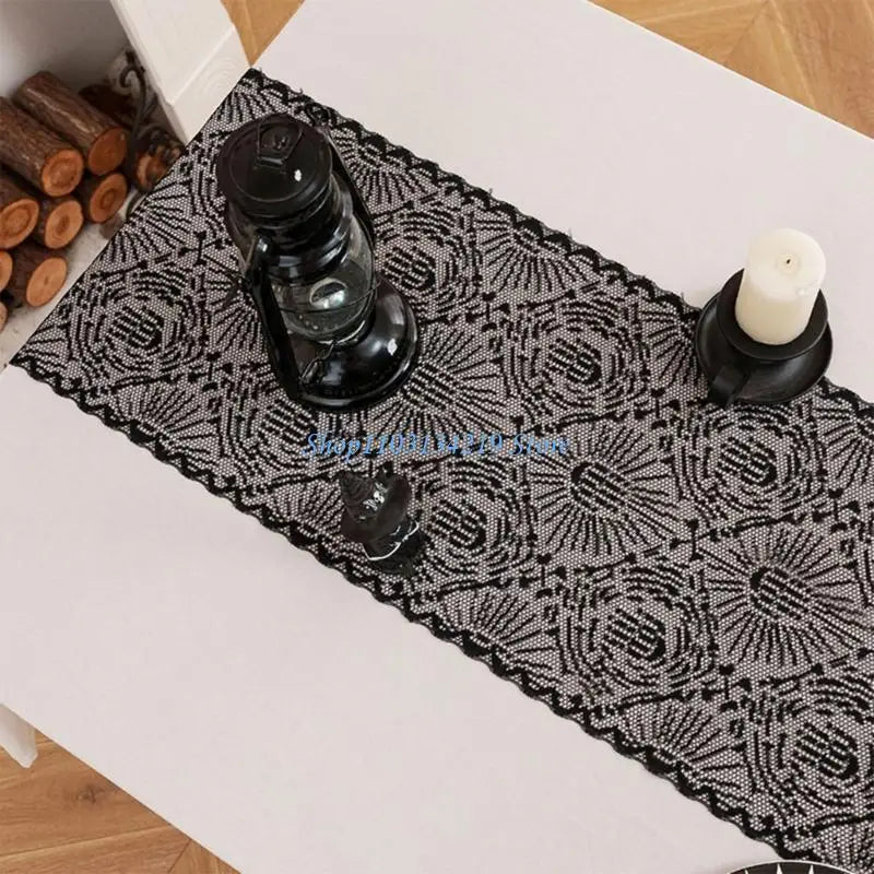 nappe halloween araignées toile dentelle noire table decoration gothique opaque 30x100cm polyester coton