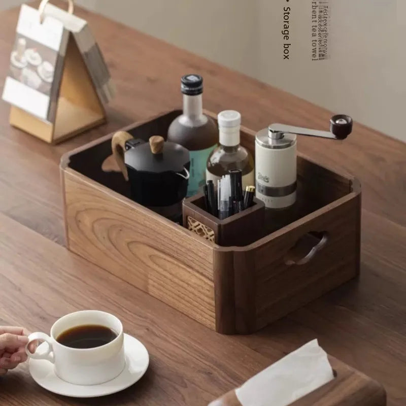boîte rangement bois marron foncé moderne poignées intégrées rangement thé vin pinceaux crème