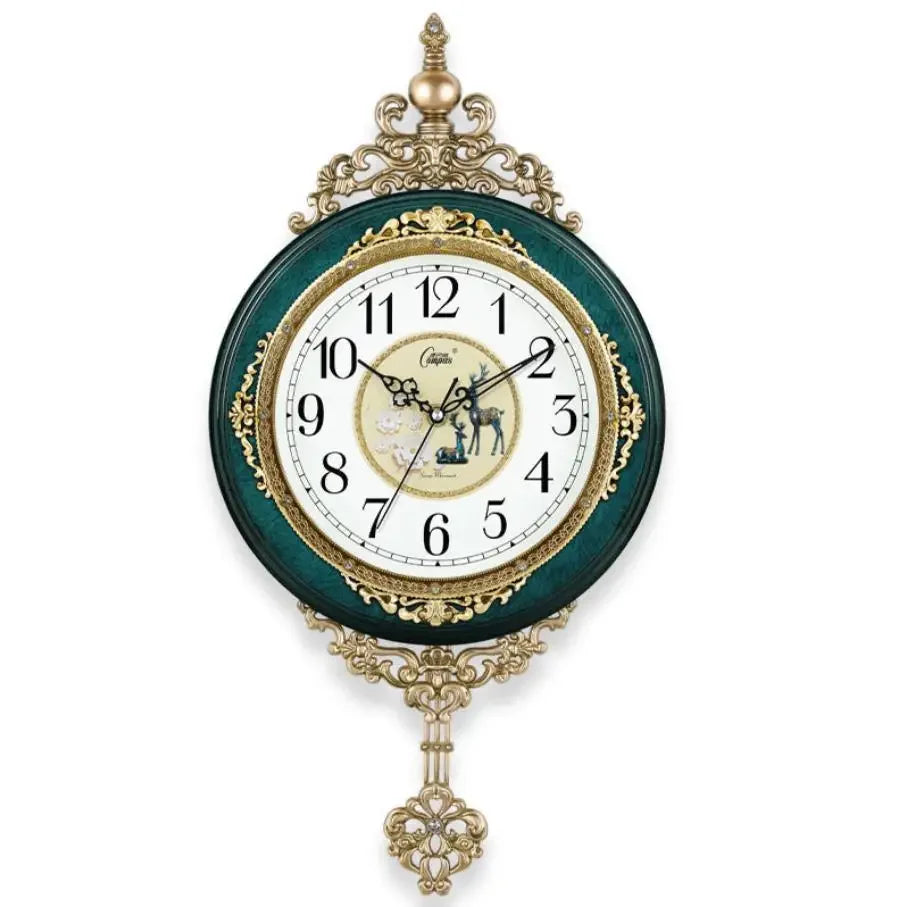 horloge murale baroque vert doré aiguille quartz vintage salon unique
