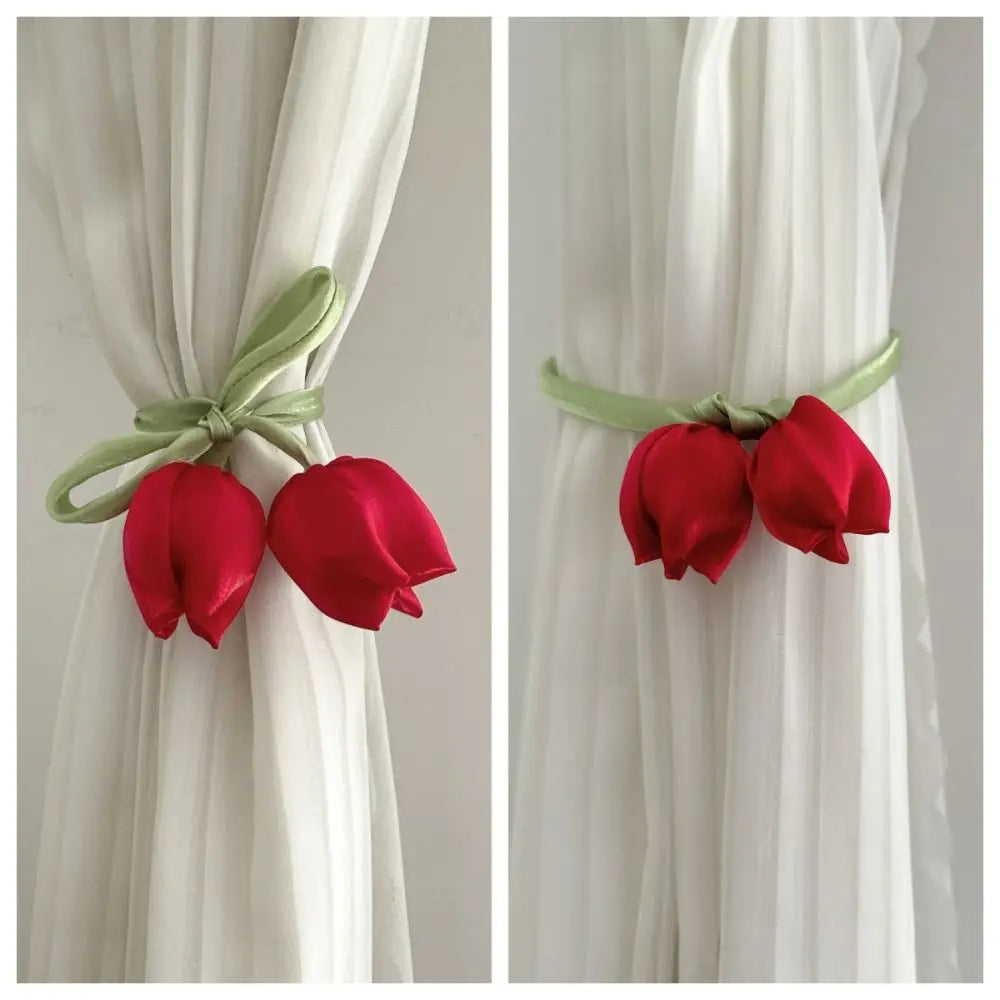 boucles rideau tulipes décoratives adhésives vert clair bleu clair rouge blanc