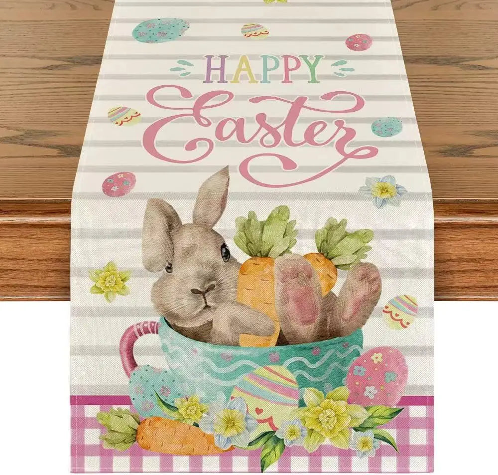 table pâques lapins fleurs happy easter multicolore rectangulaire festive imperméable polyester déco festive