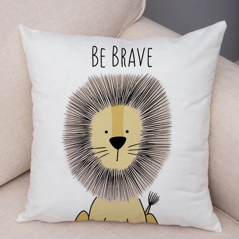 taies d'oreiller animaux girafe lion hippopotame cartoon couleurs positives be brave be unique