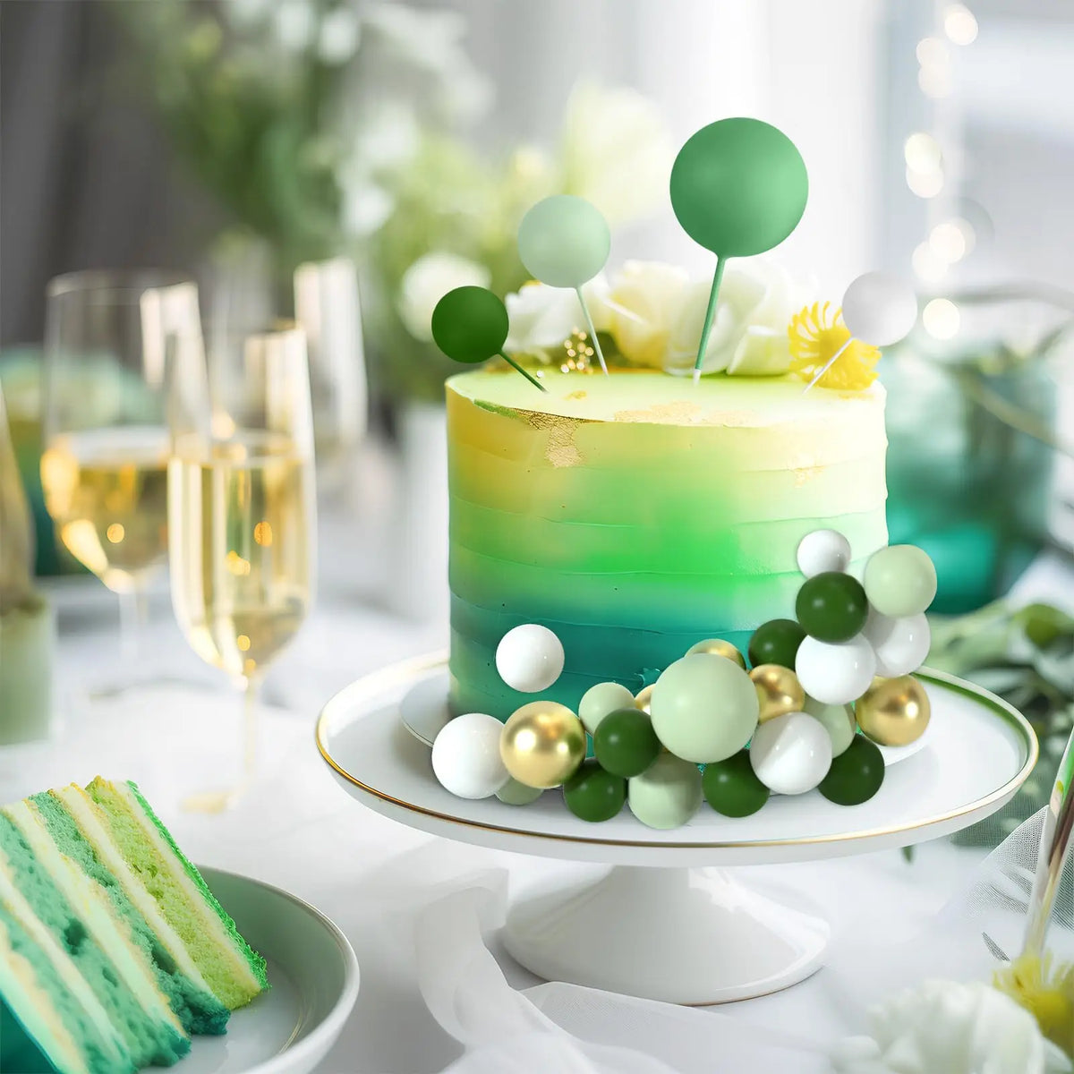 décoration gâteau boules vertes blanches dorées mariage anniversaire festives modernes