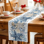 changement drap table lin bleu marine motifs coquillages été plage