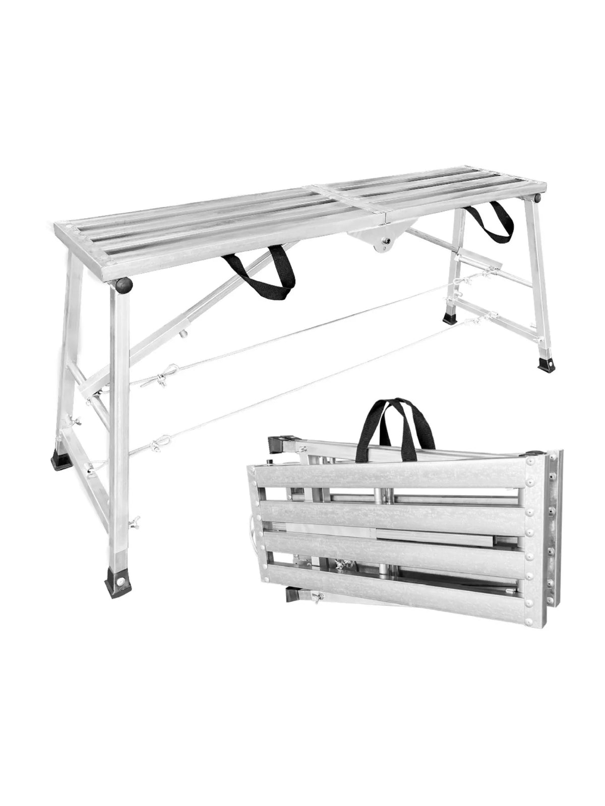 tabouret escabeau pliable argenté poignées noires rainures horizontales structure métallique stable cordes élastiques capacité