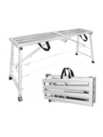 tabouret escabeau pliable argenté poignées noires rainures horizontales structure métallique stable cordes élastiques capacité