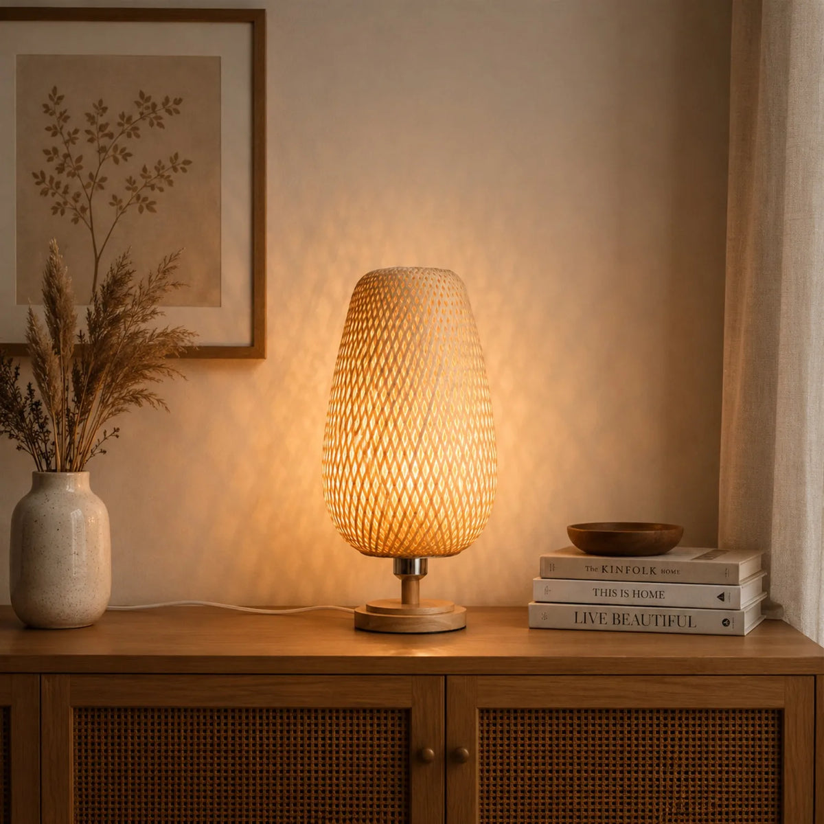 lampe table bois tressé bambou naturel moderne rustique chambre enfant 220v