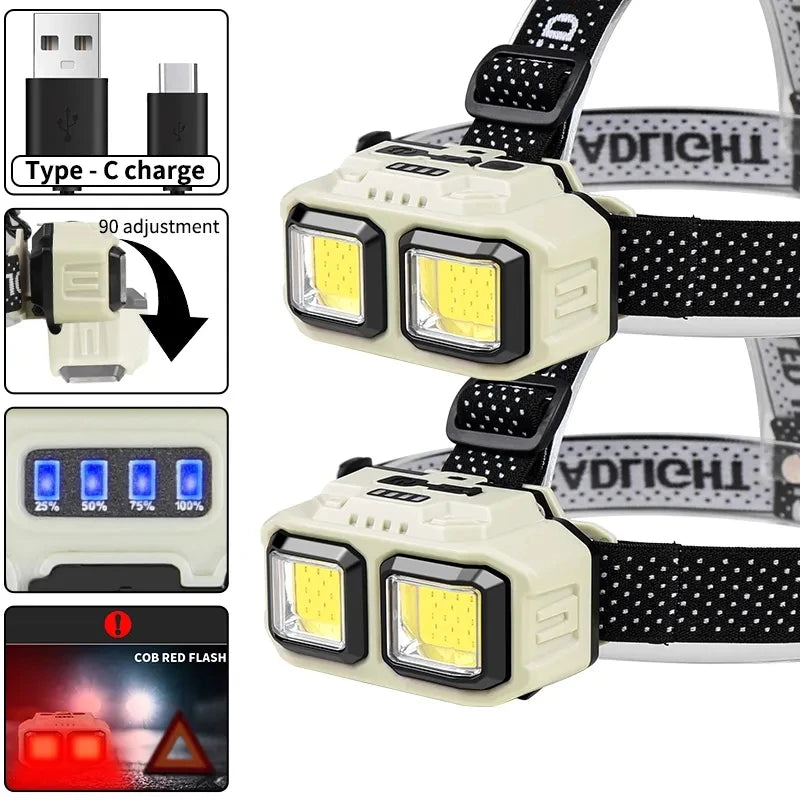 lampe frontale led beige noir rayures ajustable mode camping pêche charge usb type