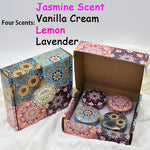 bougies parfumées boho chic motifs floraux violet blanc bleu rouge jaune pack pièces