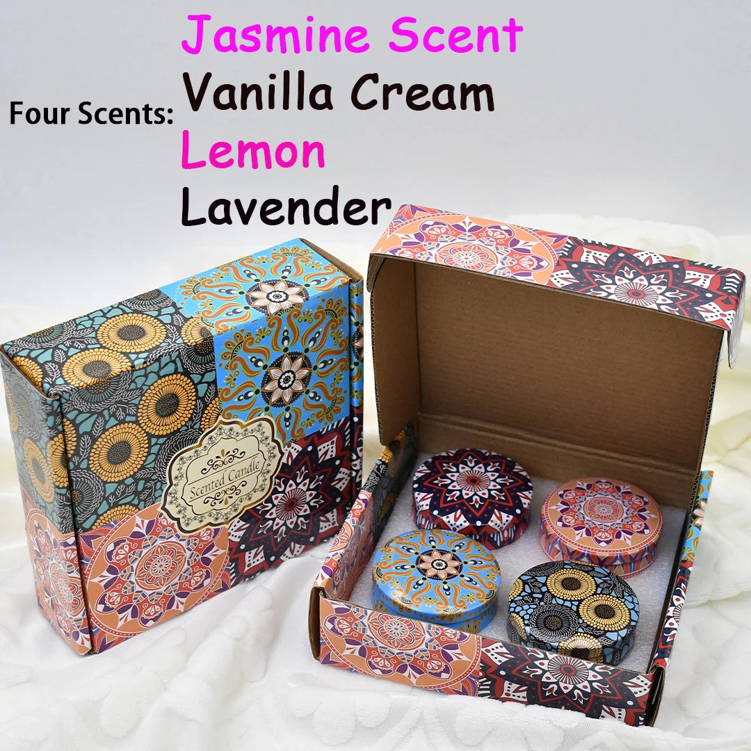 bougies parfumées boho chic motifs floraux violet blanc bleu rouge jaune pack pièces