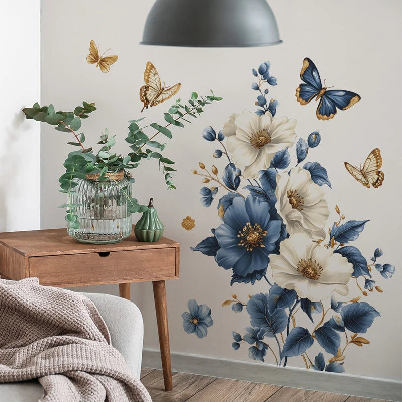 sticker mural floral décoration aquarelle papillons feuilles verte élégant bohème adhésif salon chambre
