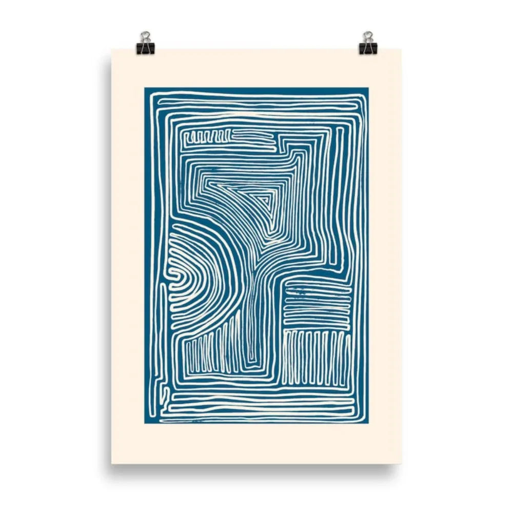 affiche abstraite moderne toile bleu beige lignes rectangulaire vertical sans cadre