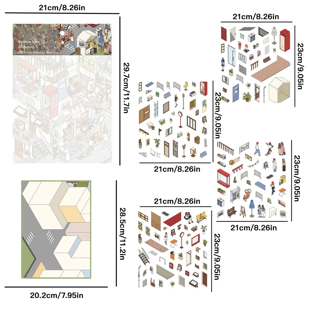 puzzle isométrique ville miniature multicolore personnages bâtiments mobilier urbain végétation panneaux publicitaires