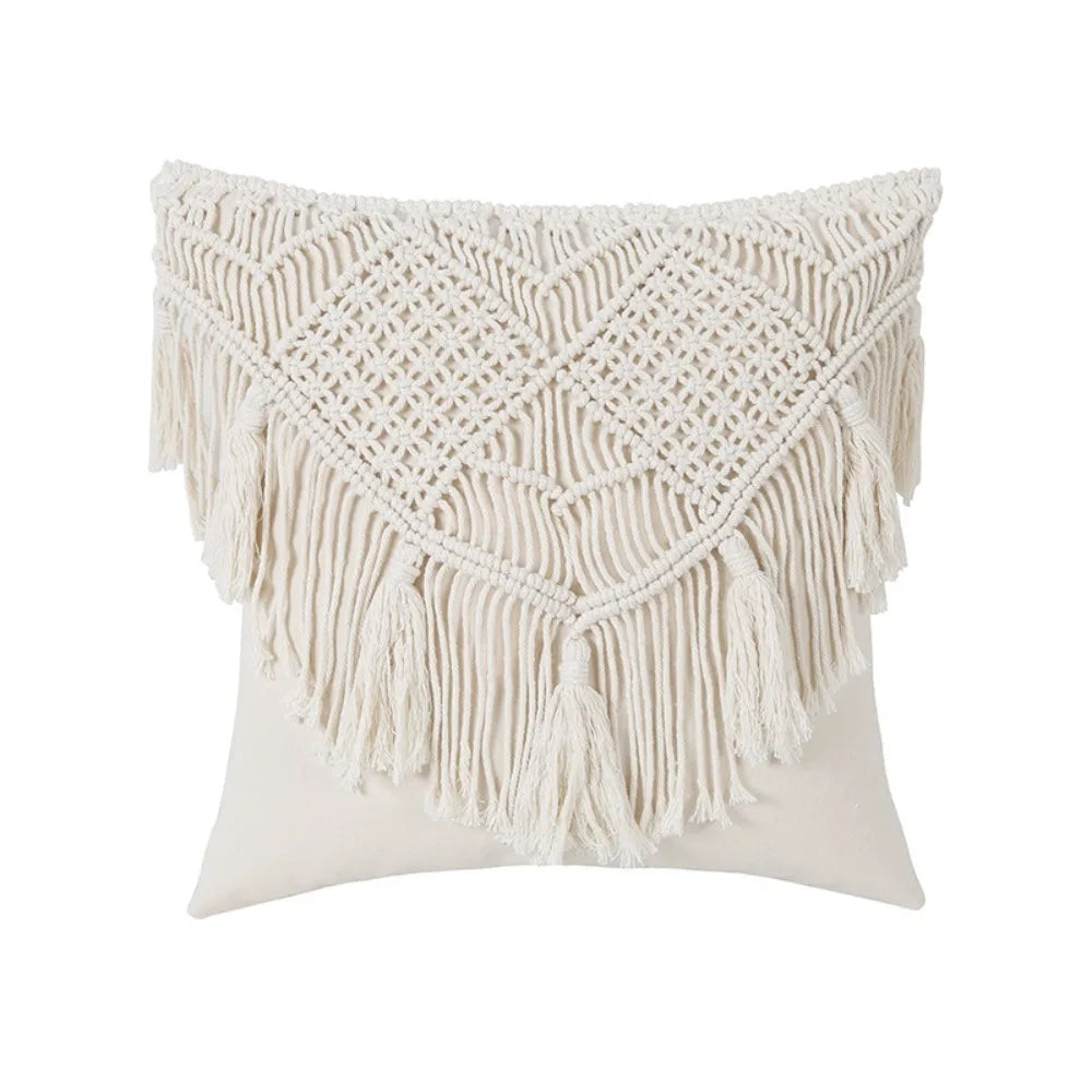 housse coussin bohème tissée main carrée beige texture polyester coton pompons salon lit