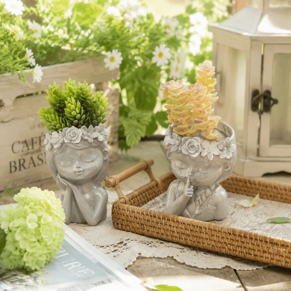 pots fleurs résine buste féminin couronne fleurs gris clair expression sereine zen bohème floral