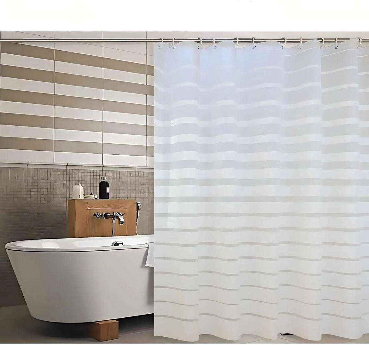 rideau douche moderne rayé blanc gris ourlet standard éva semi transparent métalliques facile installer