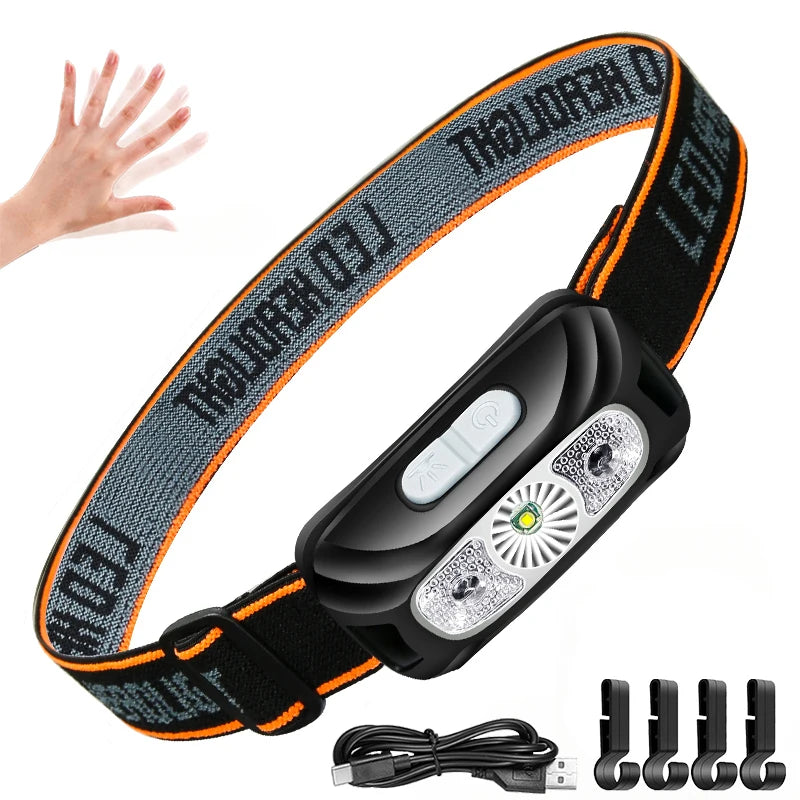 lampe frontale rechargeable led camping pêche urgence vert orange sensor black moderne pratique