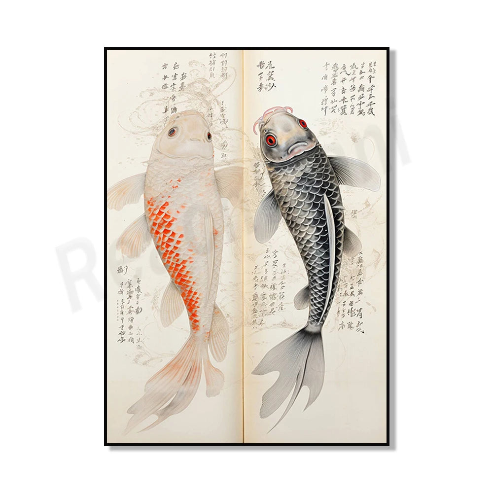 Deux poissons koi, l'un blanc et orange, l'autre gris, nagent sur un fond de calligraphie chinoise.