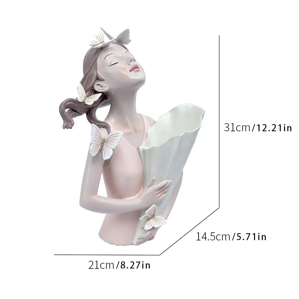statue décorative moderne résine beige rose vert gris texture mat détails sculptés bouquet artificiellements