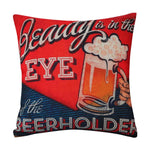 housse coussin vintage bière vin motifs rétro multicolores coton lin décoration canapé chaise 45x45cm