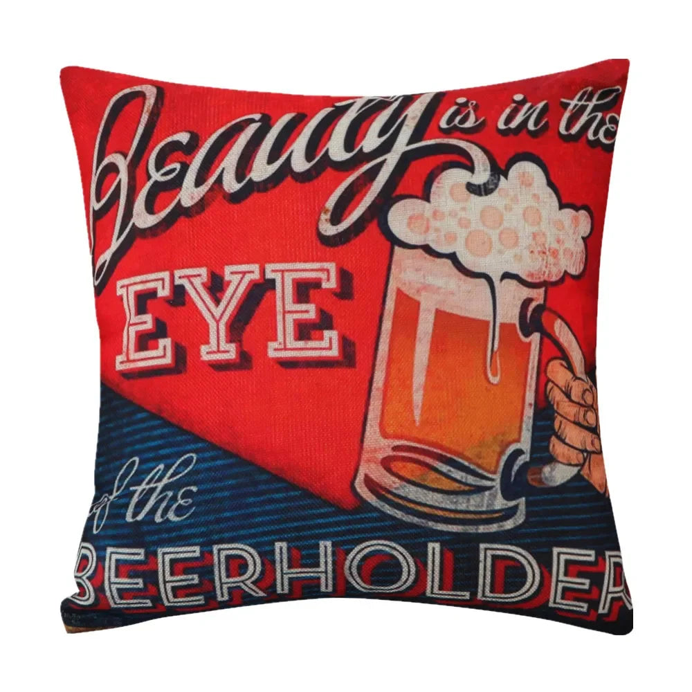 housse coussin vintage bière vin motifs rétro multicolores coton lin décoration canapé chaise 45x45cm