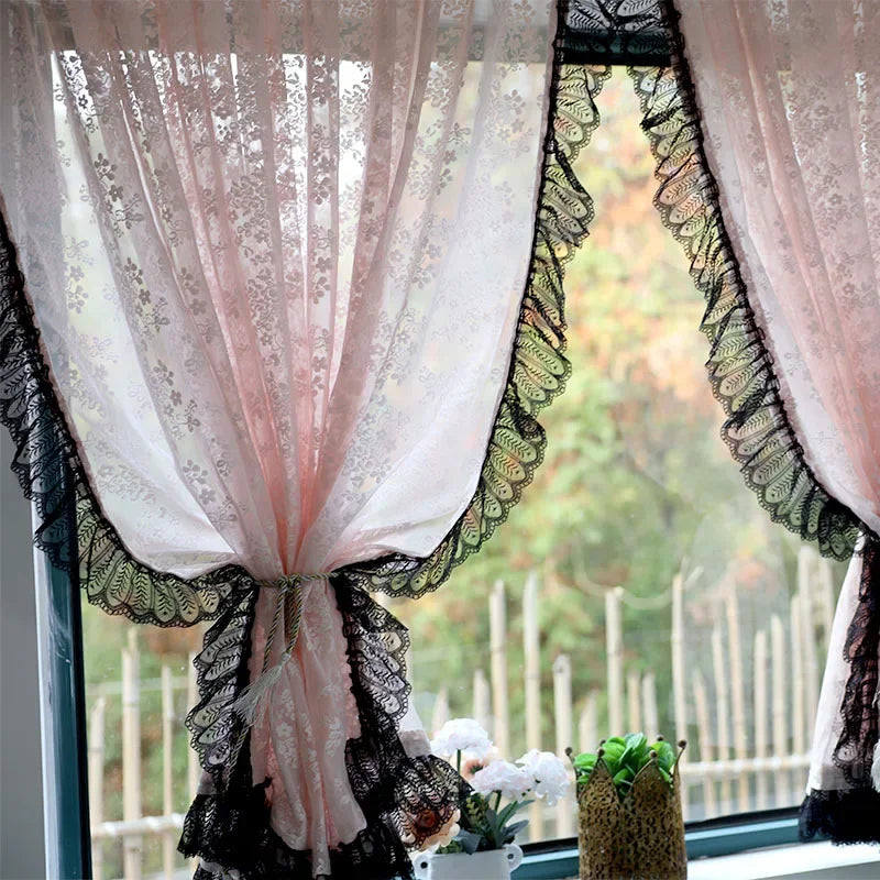 rideaux romantiques dentelle florale rose noir shabby chic européens chambre salon