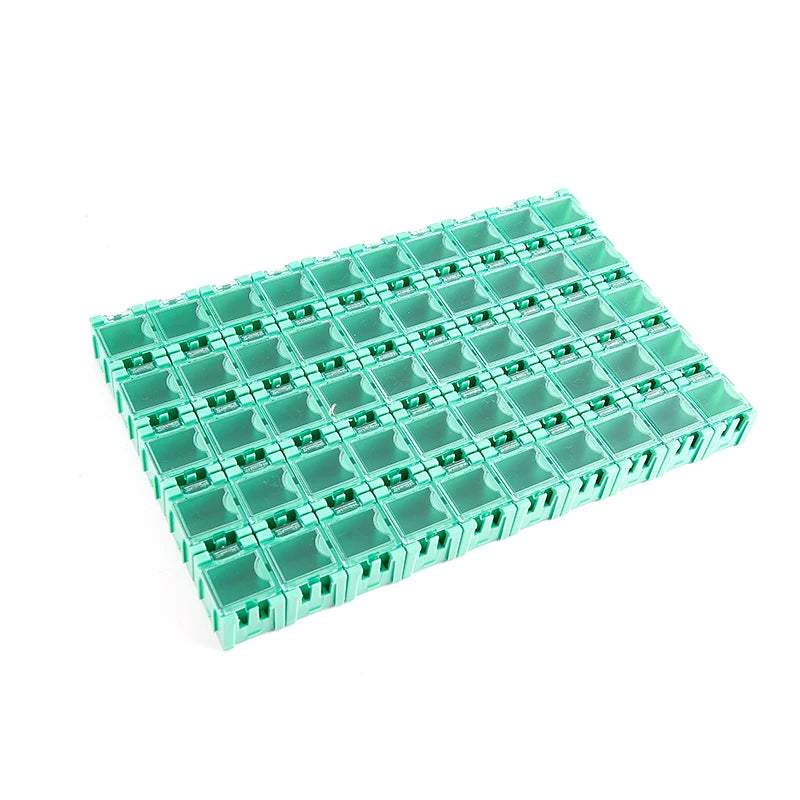 boîtes rangement électroniques transparentes vert rouge bleu jaune noir pratiques clips compactes