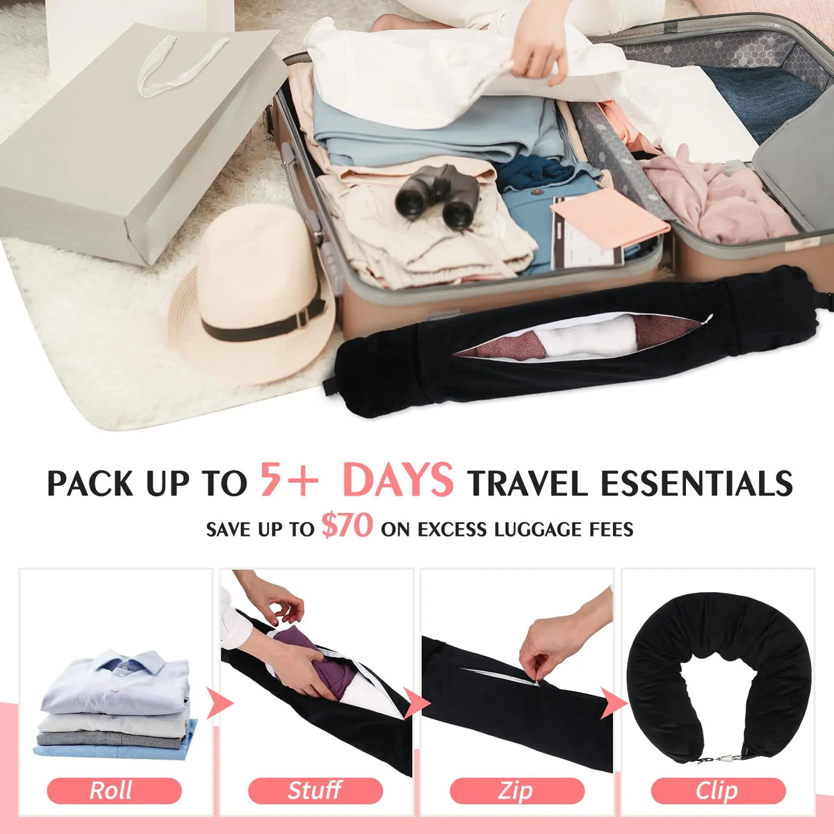 oreiller voyage velours rose pâle confortable épaulières ajustables sac dos portable compressible coton polyester