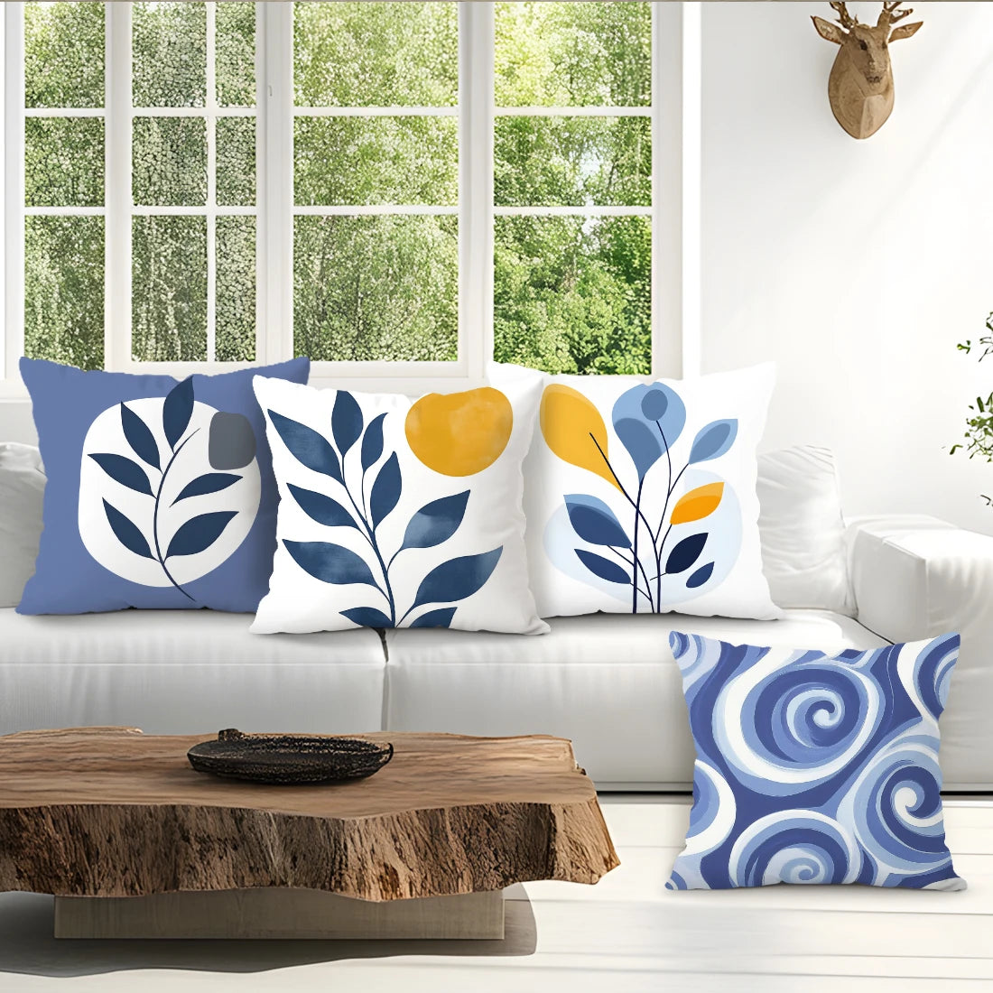 housse coussin géométrique bleu feuilles stylisées moderne 45cm 45cm zip invisible polyester maison