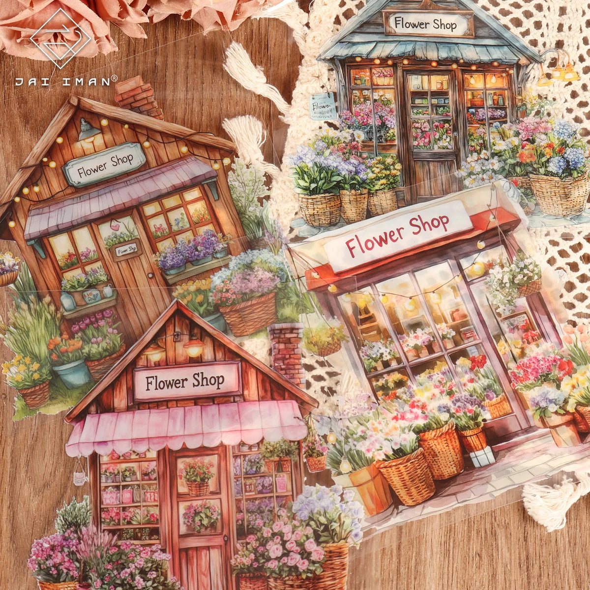 autocollants muraux motifs maisons fleurs détaillés couleurs marron bleu vert rose jaune violets opaquesscrição
