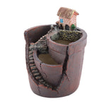 pots plante résine marron gris miniature maison toit chaume fenêtre bleue rustic