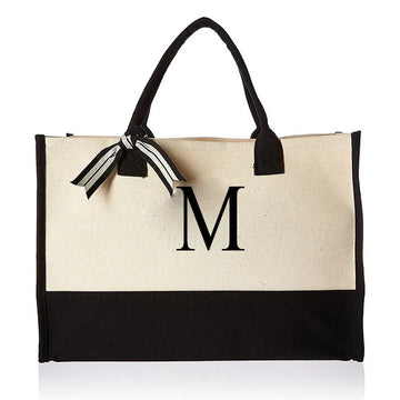 sac main femme toile beige noir lettre brodée grande capacité poignées détachables moderne