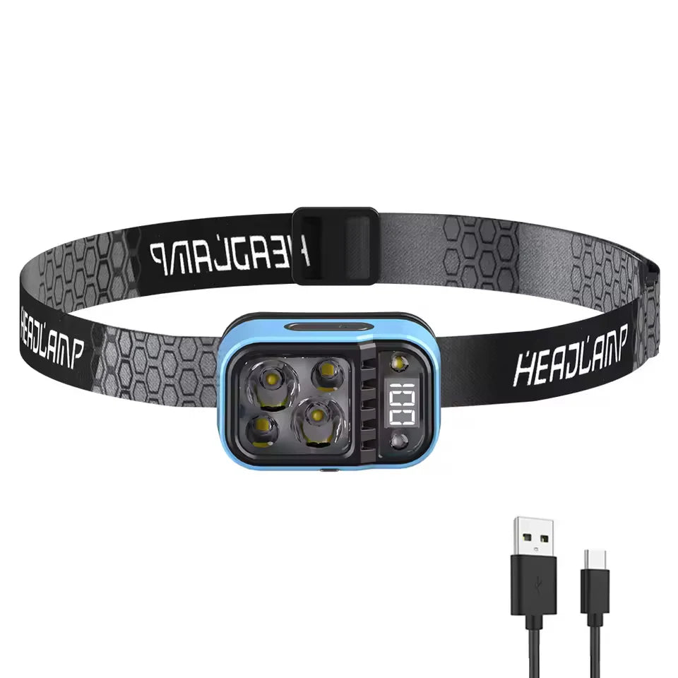 lampe frontale led bleu gris moderne sangle réglable mode utilitaire recharge usb hexagonale