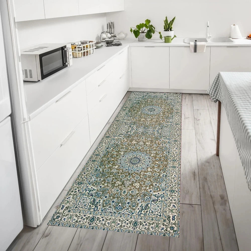 tapis floral bleu vert moderne polypropylène polyester antidérapant salon chambre