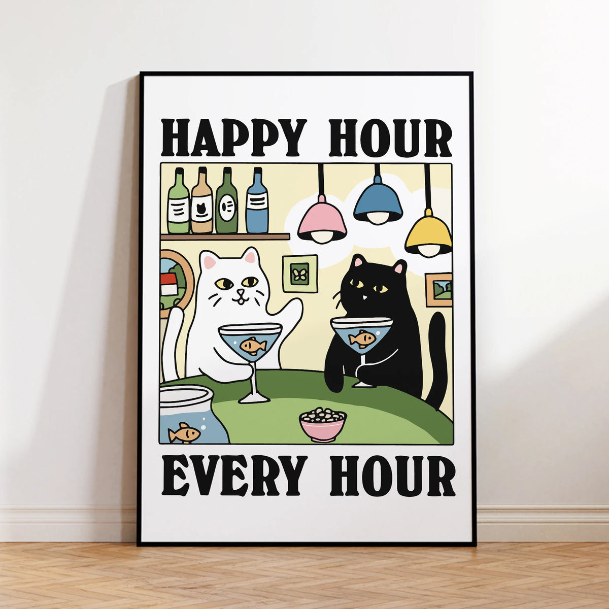 affiche chat dessin animé verres cocktails bouteilles poissons lustres deco maison enfant salon blanc